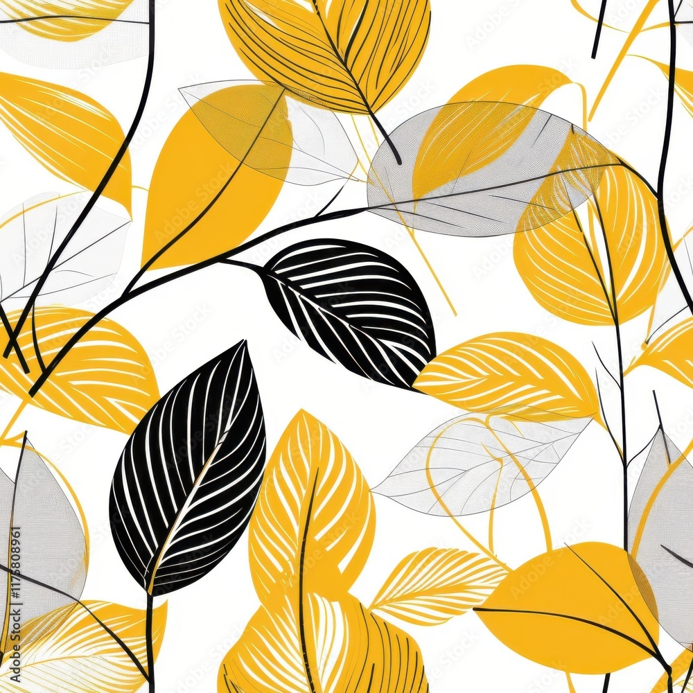Seamless midcentury modern pattern of yellow and black leaves on a white background Seamless midcentury modern pattern of yellow and black leaves on a white background