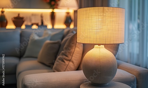 Lamp close-up on a side table next to a sofa. Scandinavian modern living room interior design, Generative AI.