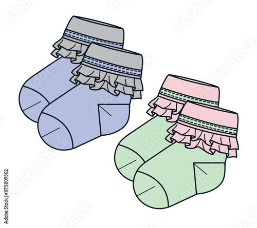 Baby ruffle socks technical flat sketch vector mockup template.