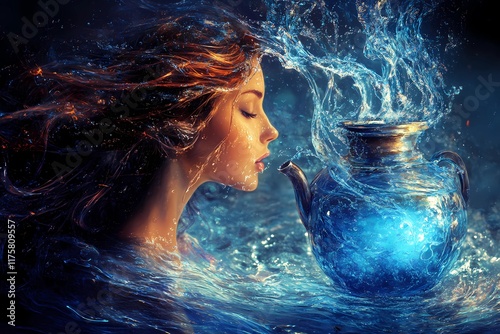 Beautiful woman with serene expression and flowing hair, leaning on an ornate aqua jug with splashing water, wearing white lace, soft lighting, ethereal and tranquil ambiance, Aquarius zodiac symbolis