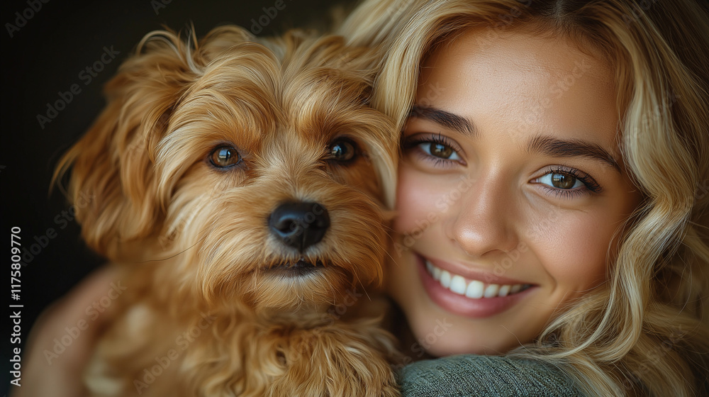 Young woman hug her terrier dog, in her living room on pink sofa. They are happy together. Owner and pet . Beauty and health. Grooming for dogs. Care and breeding. Young woman hug her terrier dog, in her living room on pink sofa. They are happy together. Owner and pet . Beauty and health. Grooming for dogs. Care and breeding.
