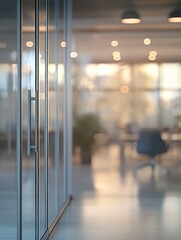 Blurred office interior background with a blurred door and glass wall, blurry bokeh light effect for a business concept design. High-quality photo, taken with a telephoto lens in realistic daylight.