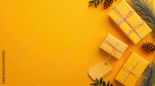 Bright yellow gifts with decorative tags and pine elements on vibrant background