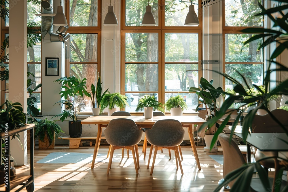 Sunlit room with wooden table, chairs, and many plants. Sunlit room with wooden table, chairs, and many plants.