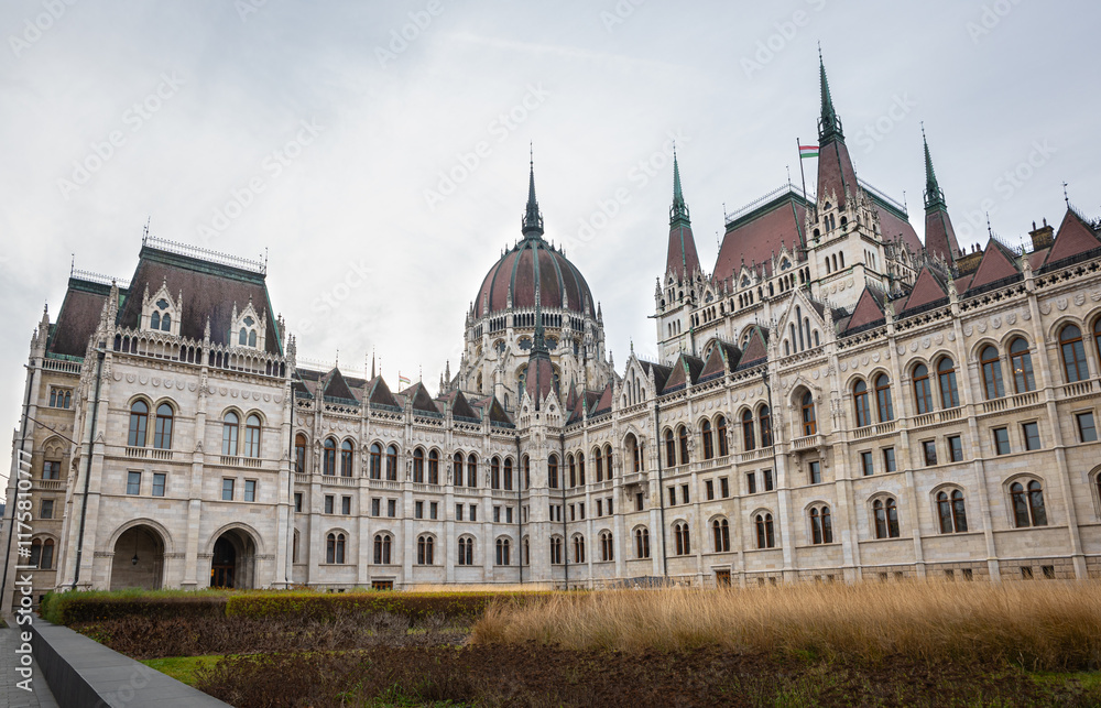 Wide angle view of the famous neogothic style parliament building in the center of Budapest, Hungary Wide angle view of the famous neogothic style parliament building in the center of Budapest, Hungary