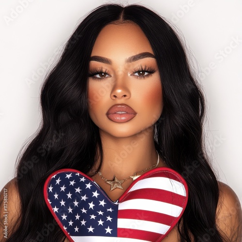 A pretty Black woman with long hair extensions, wearing an American flag-shaped heart-shaped purse, against a white background, with soft glam makeup and a neutral lip color, and glossy skin.