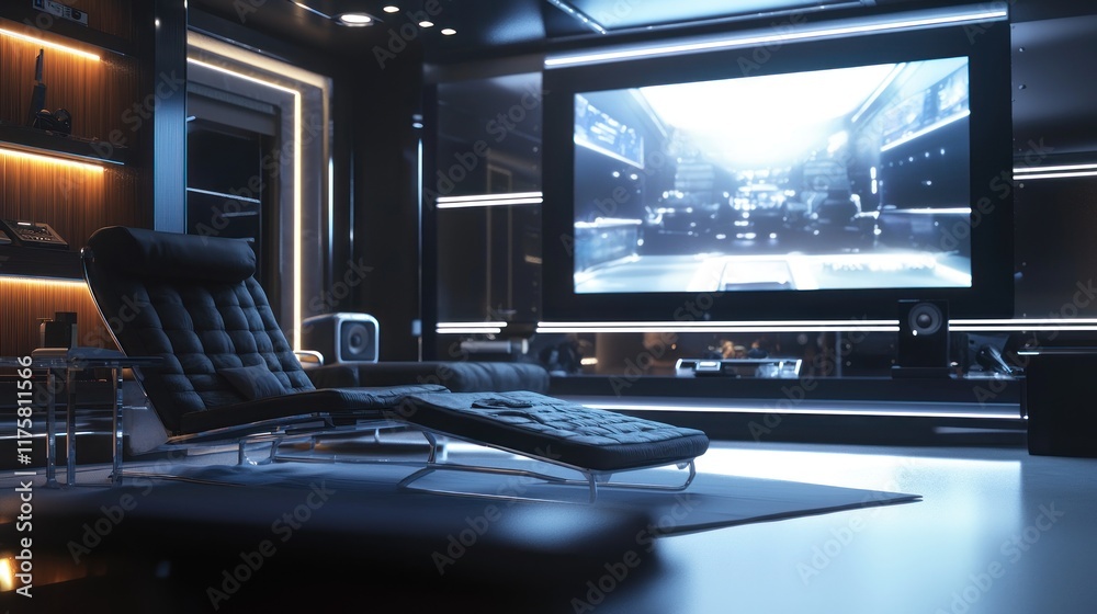 Naklejka premium Futuristic Home Theater Design: Luxurious Relaxation and Immersive Entertainment