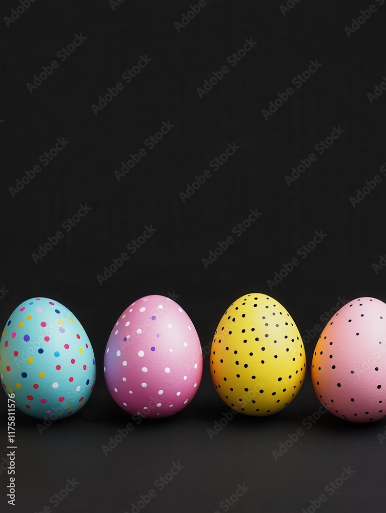 Colorful Easter eggs lined up side by side on a trendy black background. Colorful Easter eggs lined up side by side on a trendy black background.