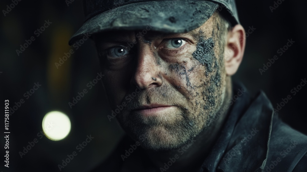 An intense portrait of a miner, emphasizing the strength and dedication required in mining, shown through dirt-smeared features and a penetrating gaze with dramatic effect. An intense portrait of a miner, emphasizing the strength and dedication required in mining, shown through dirt-smeared features and a penetrating gaze with dramatic effect.