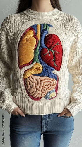 A creative sweater design that artistically represents internal human organs, featuring detailed embroidery and a unique approach to fashion and anatomy fusion. photo