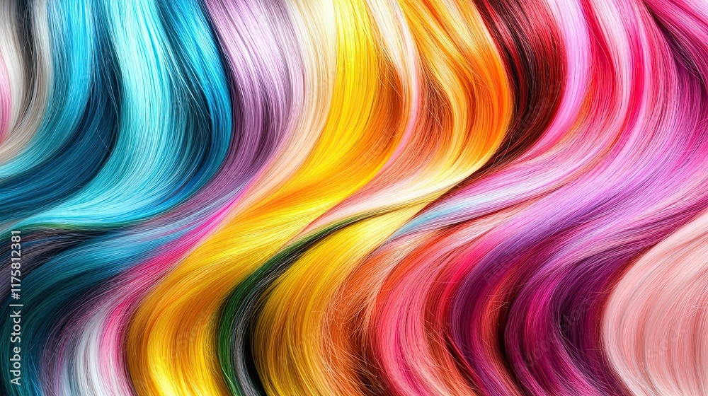 Obraz premium A row of long wavy strands of hair in different colours. Concept of variety and individuality in hair colouring. Hairdressing treatments, extensions. Design for cover, advertising or presentation.