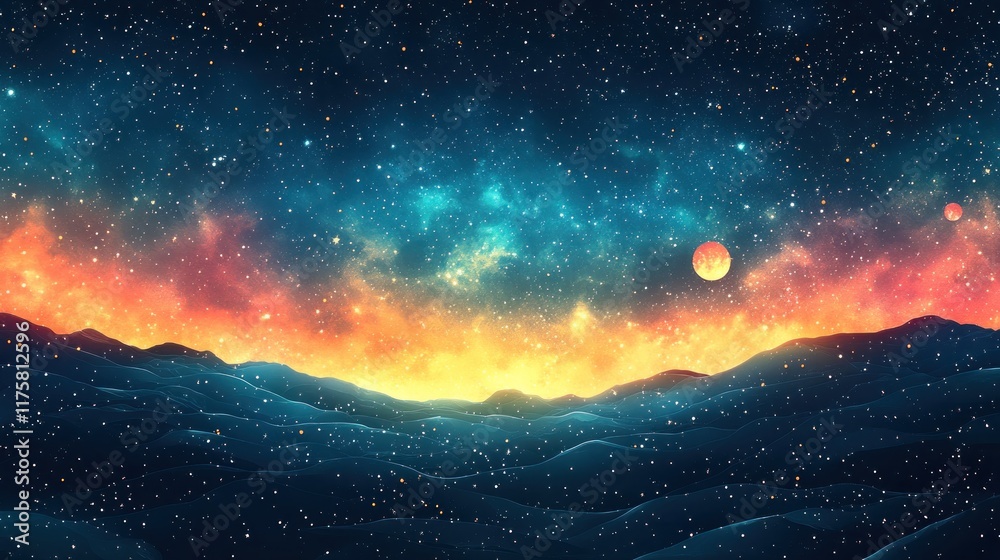 Fototapeta premium Cosmic landscape, nebula, planets, mountains. Possible stock photo use