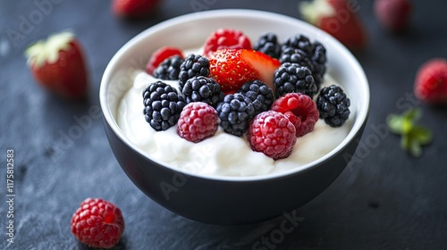 Berry milkshake. Appetizing pink dessert with raspberries and blueberries. A healthy breakfast prepared at home. Illustration for banner, poster, cover, brochure, advertising or marketing.