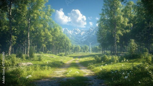 Sunny forest path, mountains in background, scenic view, tranquil scene, perfect for nature themed background