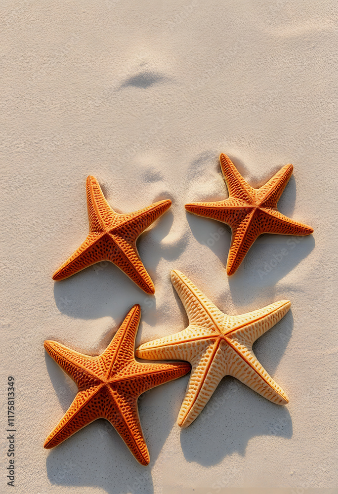 Starfishes on the beach sand in summer, Dynamic motion, with white tones Starfishes on the beach sand in summer, Dynamic motion, with white tones