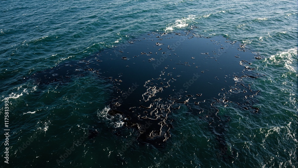 Obraz premium Aerial view of ocean oil spill with thick black layer and visible ripples