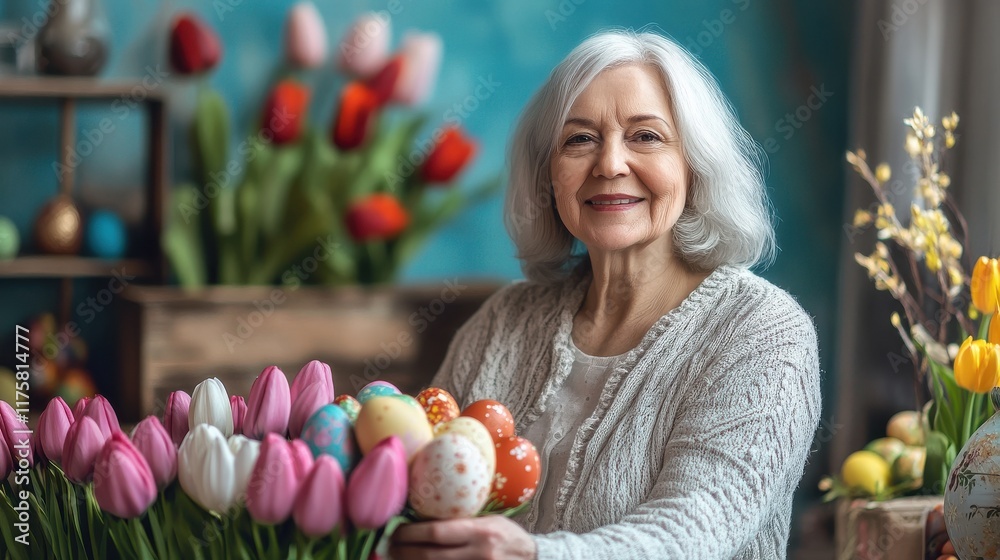 Beautiful senior woman with easter eggs and tulips. Beautiful senior woman with easter eggs and tulips.