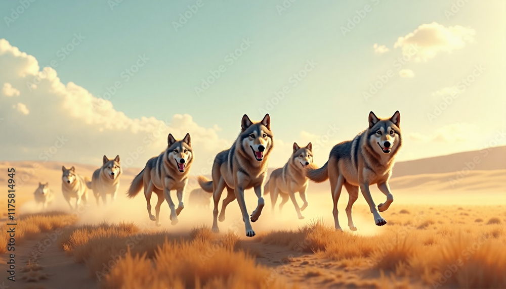 Fototapeta premium Dynamic pack of wolves running through open field at sunset, freedom