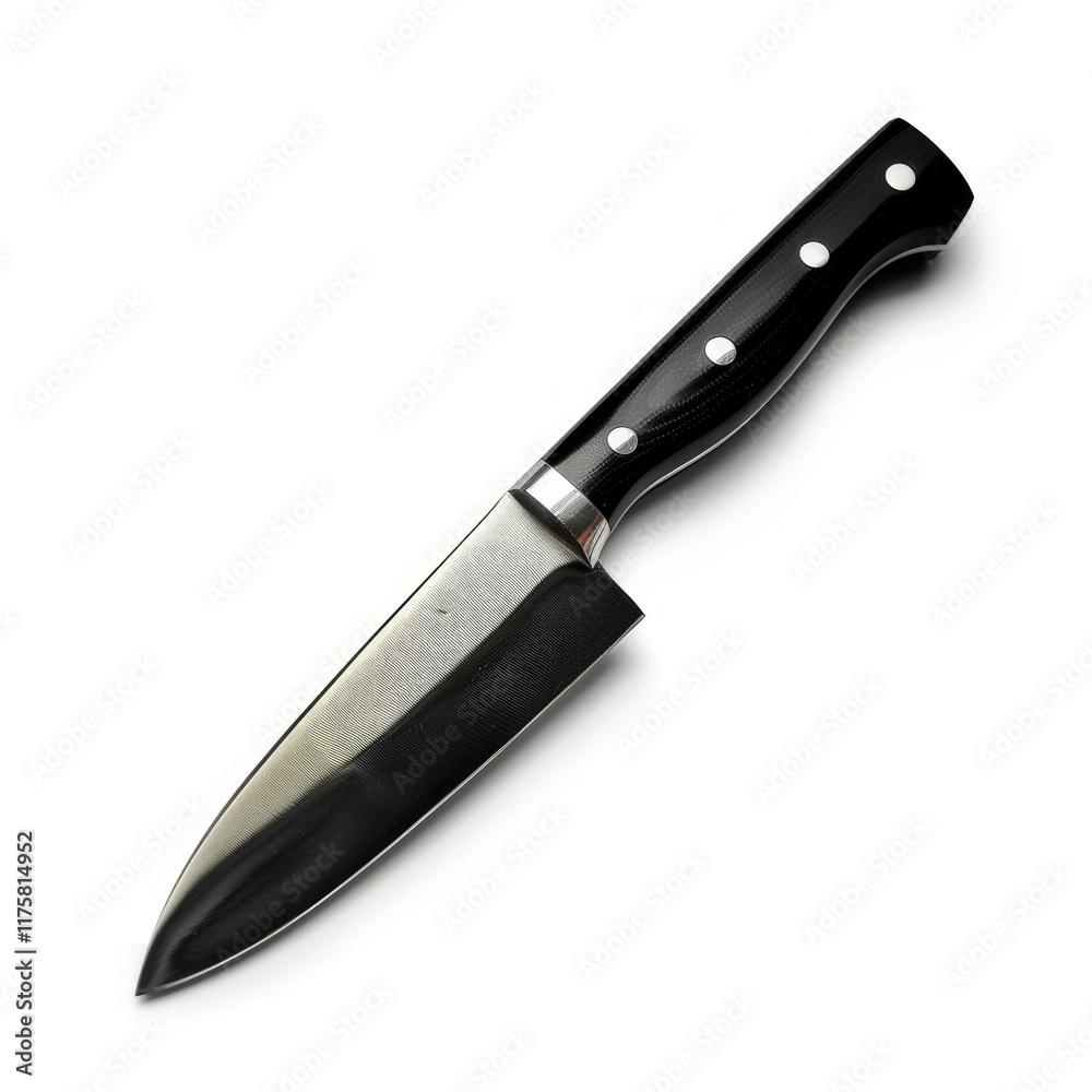 A sharp chef's knife with a black handle rests on a white background. A sharp chef's knife with a black handle rests on a white background.