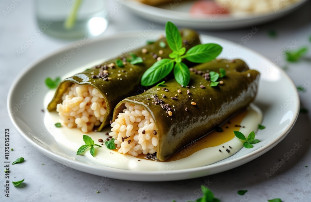Delicious stuffed grape leaves with rice served with white yogurt sauce. Traditional Lebanese dish. Homemade meal with fresh herbs, spices. Presentation on plate. Perfect for healthy lunch dinner. Delicious stuffed grape leaves with rice served with white yogurt sauce. Traditional Lebanese dish. Homemade meal with fresh herbs, spices. Presentation on plate. Perfect for healthy lunch dinner.