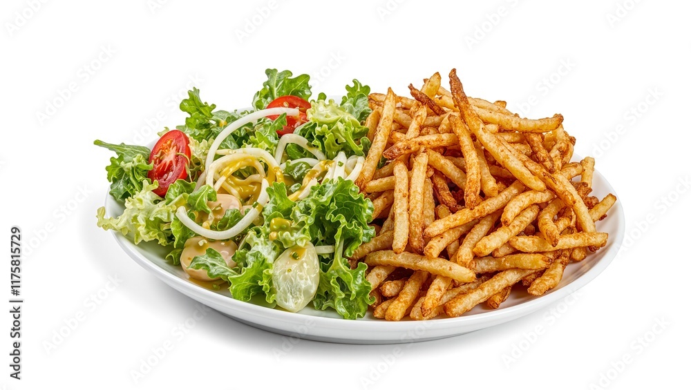 Fresh salad and crispy fries split in half on a white background Fresh salad and crispy fries split in half on a white background