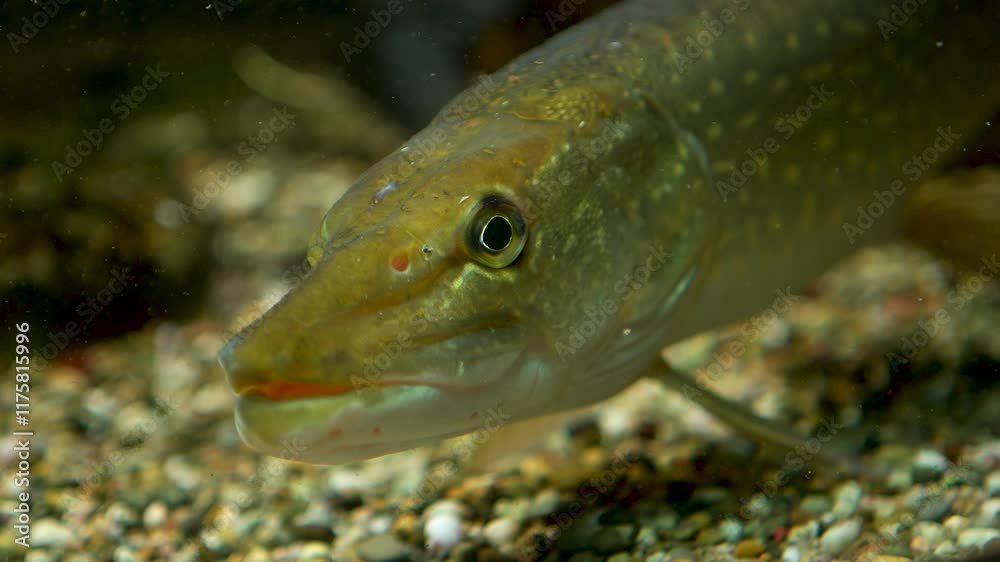 Slow pan across a pike fish resting on the sea ground and looking underwater
Slow pan across a pike fish resting on the sea ground and looking underwater