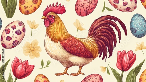 Chicken pattern. Hand drawn art bird. Spring easter background. Graphic eggs, tulips and rooster, prints for package vector seamless texture photo