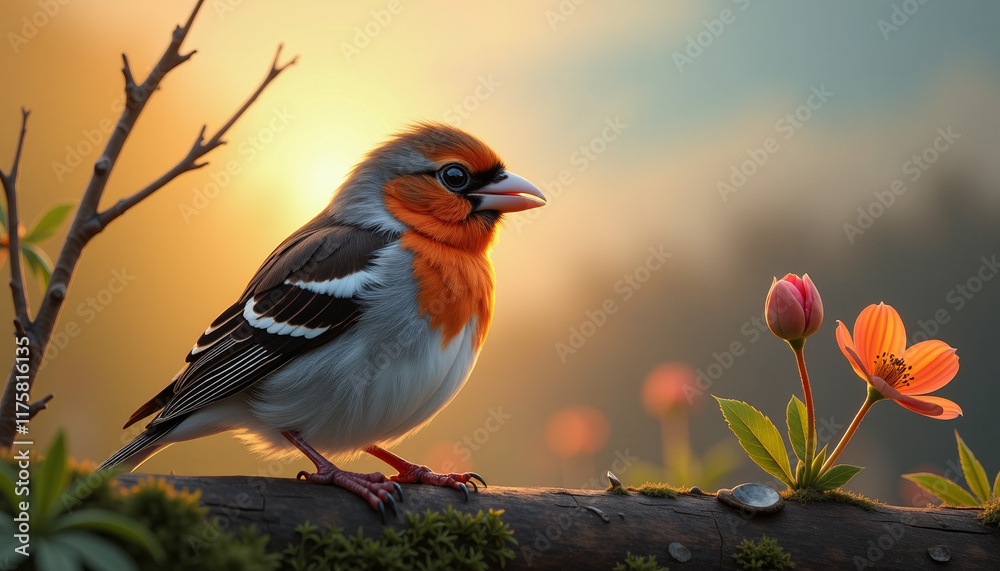 Obraz premium A Stunning Sunrise Bird and Flower Moment