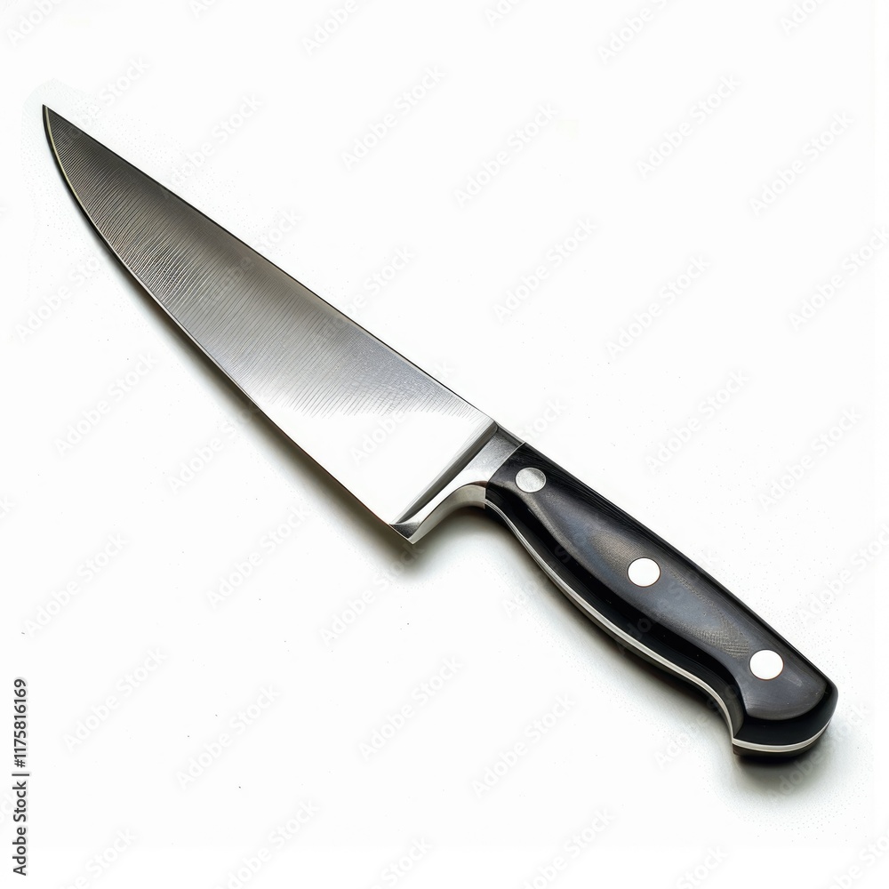 A sharp chef's knife with a sleek, black handle rests on a white background. A sharp chef's knife with a sleek, black handle rests on a white background.
