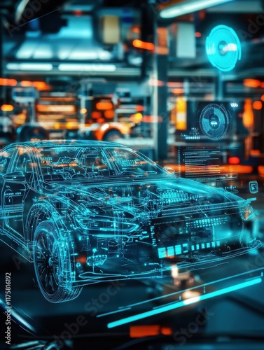 EV electric vehicle technology industry concept, futuristic virtual graphic touch user interface on screen with auto repair garage blurred on.