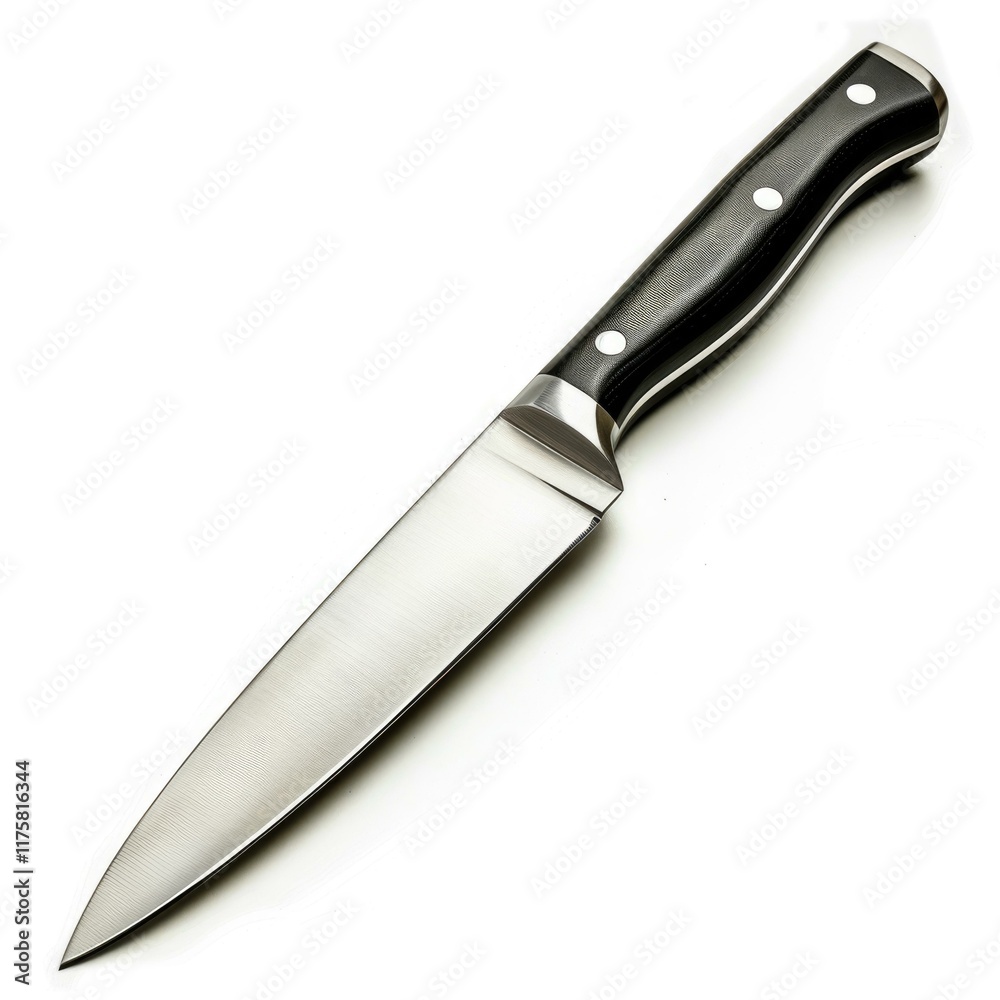A sleek, stainless steel chef's knife with a black, ergonomic handle. A sleek, stainless steel chef's knife with a black, ergonomic handle.