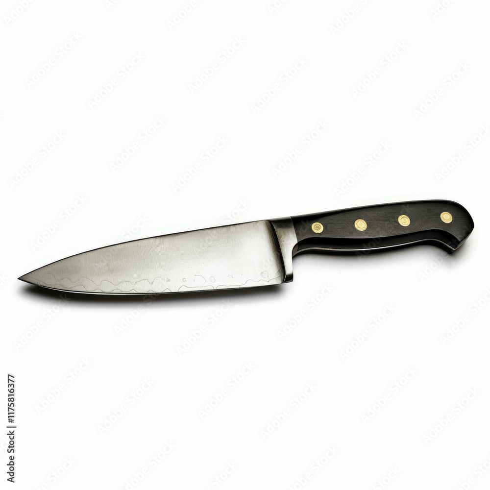 A sharp chef's knife with a black handle and textured blade, isolated on white. A sharp chef's knife with a black handle and textured blade, isolated on white.