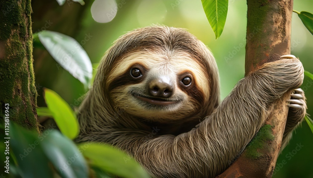 Fototapeta premium A cute sloth clinging to a tree in a lush green jungle with vibrant foliage