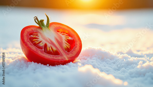 Vibrant Tomato Slice on Winter Snow photo