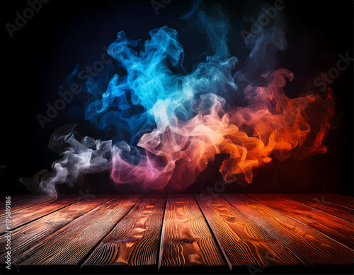 Wooden table with color fire, colorful smoke background 