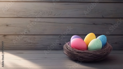 Wallpaper Mural Colorful eggs in a nest as easter decoration against grey planks Torontodigital.ca