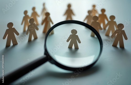 Wallpaper Mural Magnifying glass focuses on single paper cutout figure in group of similar figures. HR concept of talent, leadership. Photo process of selection from group of employees. Ideal for recruitment, Torontodigital.ca