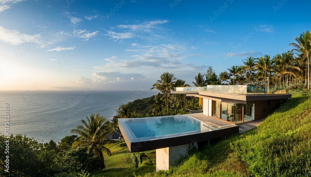 Fototapeta premium Modern Angular Luxury Tropical Villa Perched on a Lush Hillside: A Sunset Oasis with Panoramic Ocean Views, Verdant Palm Trees, and a Sparkling Swimming Pool