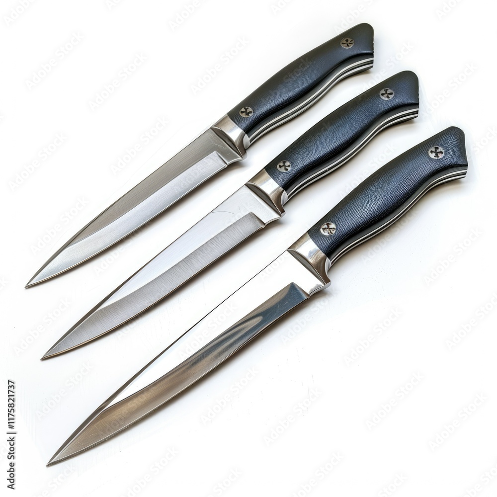 Fototapeta premium Three sleek kitchen knives with black handles and sharp blades, arranged neatly on a white background.