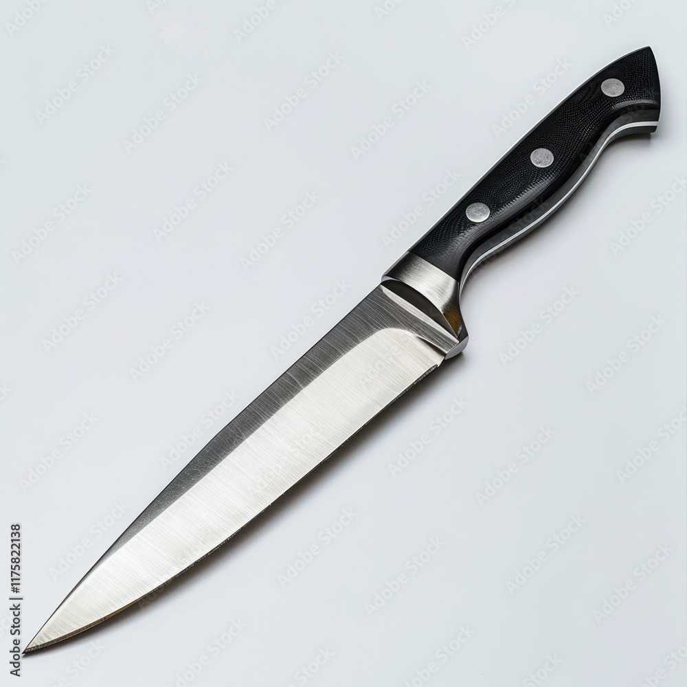 Fototapeta premium A sharp stainless steel kitchen knife with a black handle, isolated on a white background.