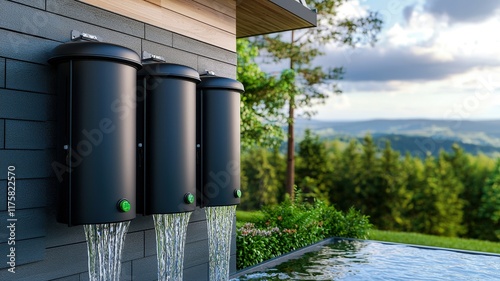 A modern water collection system with three black tanks mounted on a wooden wall, surrounded by lush greenery and a serene landscape. photo