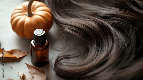 A bottle of pumpkin seed oil next to healthy, shiny hair flowing in the soft light, symbolizing the hair strengthening benefits of using pumpkin seed oil regularly for scalp health photo