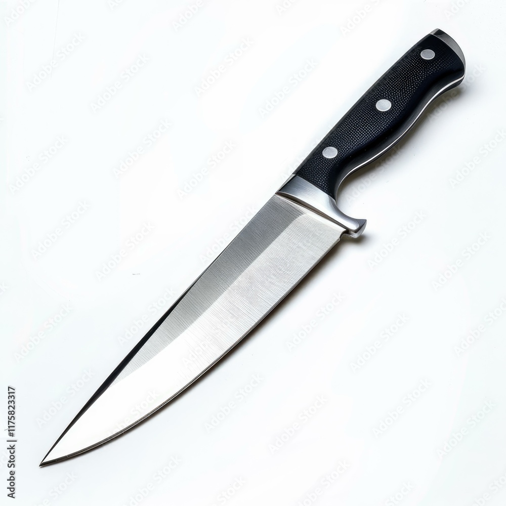 A sharp, stainless steel kitchen knife with a black textured handle, isolated on a white background.