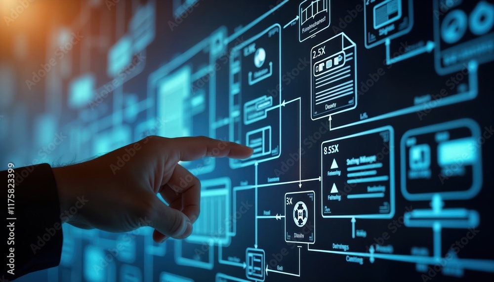Hand points to flowchart illustrating database screen navigation. User ...