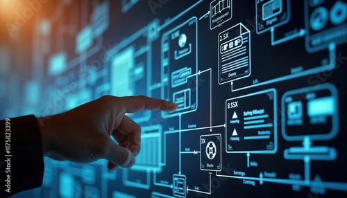 Hand points to flowchart illustrating database screen navigation. User journey through system interface displayed. Diagram shows steps, actions for accessing data. Tech design process visualized