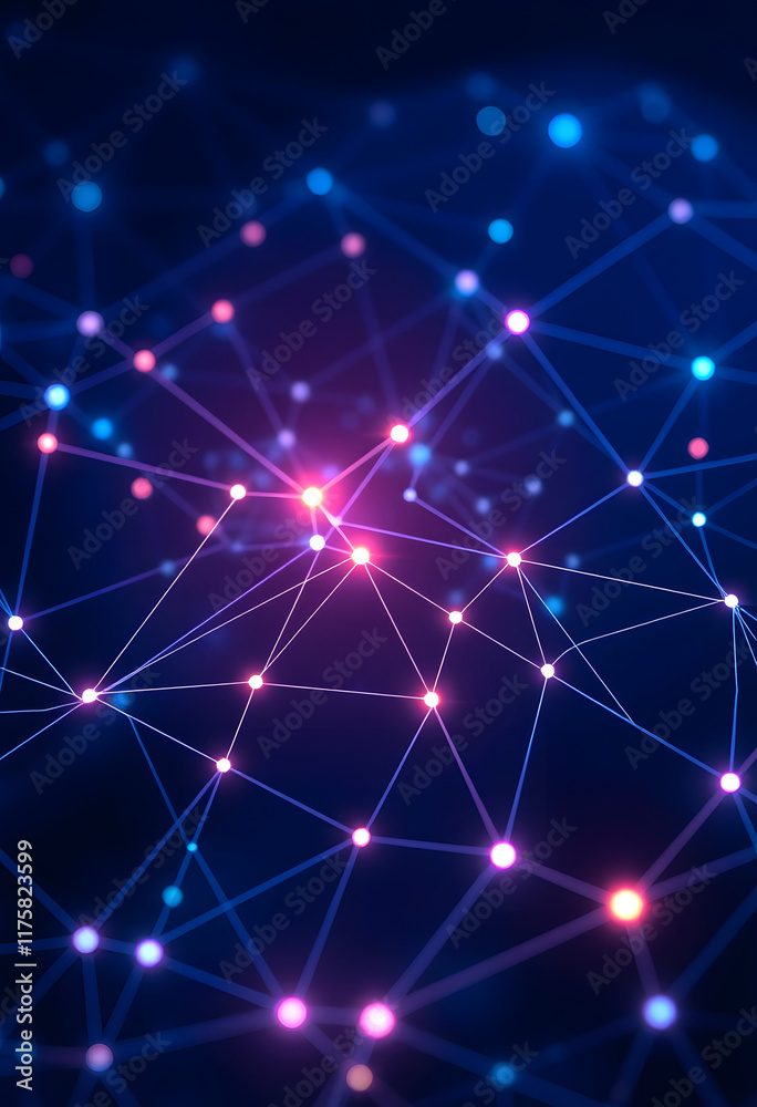 Fototapeta premium Futuristic network topology with a deep blue background and glowing connections depicting data paths, dramatic, with white tones