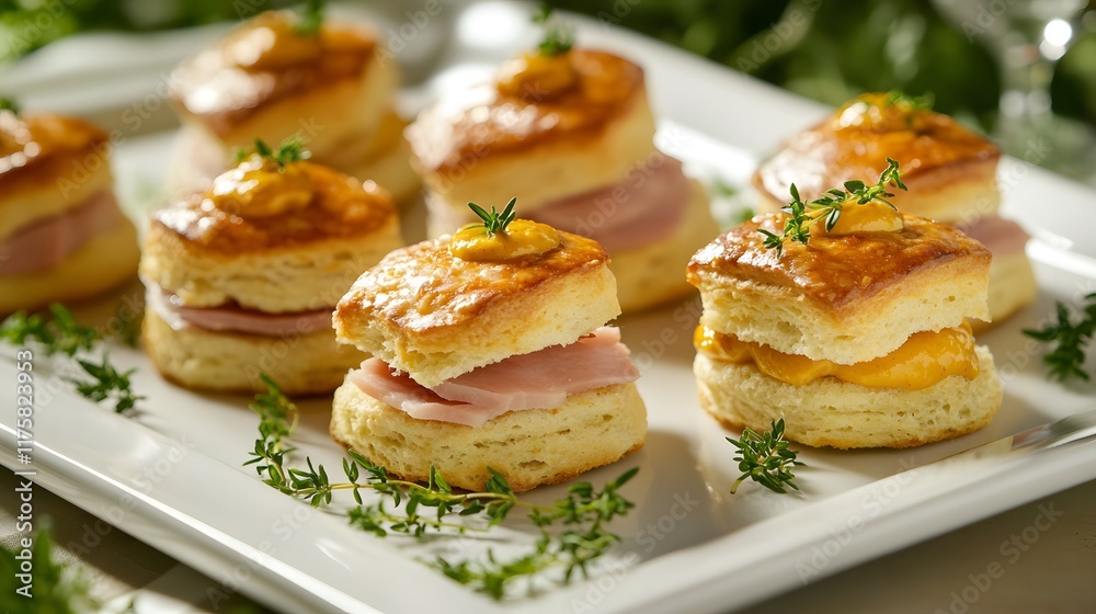 Mini ham biscuit sandwiches filled with savory ham and a tangy apricot mustard, elegantly presented on a sleek white platter with fresh herbs Mini ham biscuit sandwiches filled with savory ham and a tangy apricot mustard, elegantly presented on a sleek white platter with fresh herbs