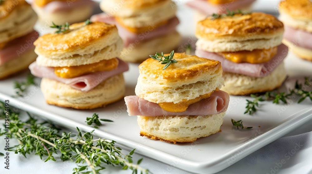 Mini ham biscuit sandwiches filled with savory ham and a tangy apricot mustard, elegantly presented on a sleek white platter with fresh herbs Mini ham biscuit sandwiches filled with savory ham and a tangy apricot mustard, elegantly presented on a sleek white platter with fresh herbs