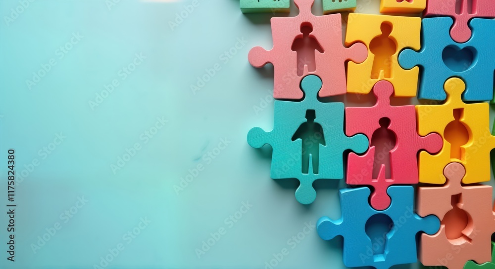 Colorful puzzle pieces form diverse group of people. Concept of teamwork, business structure. Visualizes company departments, teams. Illustrates hiring new employees. Emphasizes cooperation,