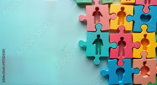Obraz na płótnie Colorful puzzle pieces form diverse group of people. Concept of teamwork, business structure. Visualizes company departments, teams. Illustrates hiring new employees. Emphasizes cooperation, w salonie